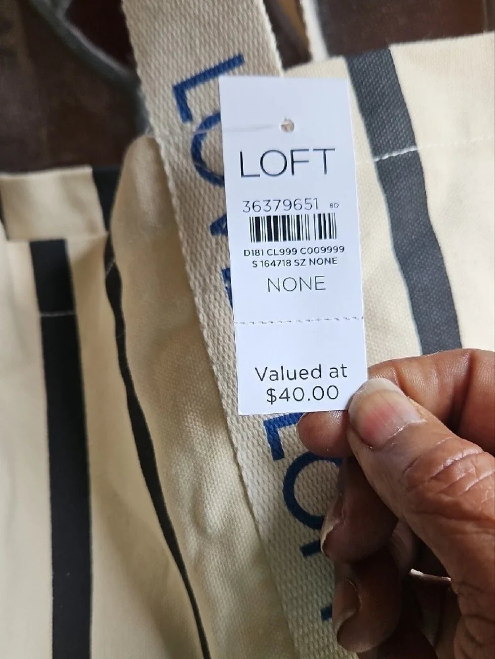 LOFT Blue and Cream Striped Canvas Tote with Logo Straps